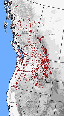 长趾钝口螈在北美西北的分佈（用紅點表示）