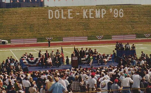 Jack Quinn (Standing on Main Stage, Rear, Second from Right) at 1996 Dole-Kemp Rally at the University at Buffalo, NY