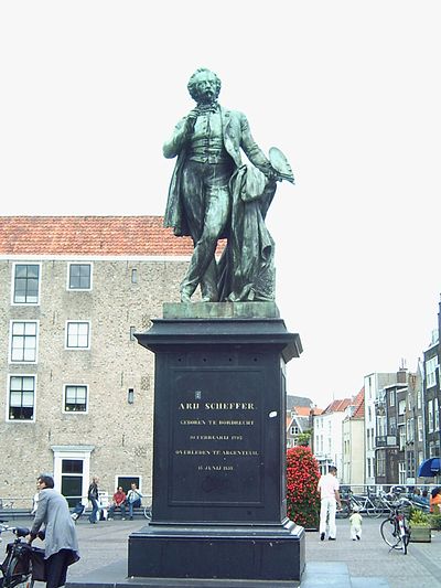 Statue of Scheffer on the Scheffersplein in Dordrecht, made by Joseph Mezzara after a design by Scheffer's daughter, Cornelia