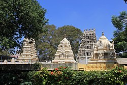 Gopura and Shikhara of the Kote Venkataramana temple in Bangalore Dravidian style shikhara (superstructure) over shrines in the Kote Venkataramana Swami, Bangalore.jpg