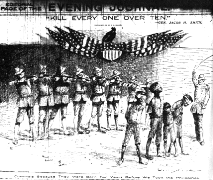 One of the New York Journal's most infamous cartoons, depicting Philippine–American War General Jacob H. Smith's order "Kill Everyone over Ten", from the front page on May 5, 1902.