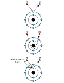 Mechanisms of emission of secondary electrons, backscattered electrons, and characteristic X-rays from atoms of the sample. Electron emission mechanisms.svg