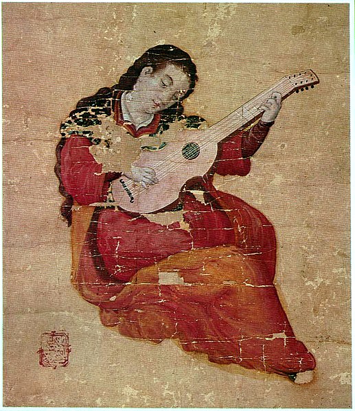 Late 16th or early 17th-century viol from a Japanese painting. Has four courses of strings.