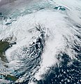 GOES-16 satellite image of a nor'easter impacting the Northeastern United States at 14:30 UTC (9:30 a.m. EST) on February 2, 2021. This storm dumped up to 3 feet of snow over a large swath of the affected areas.