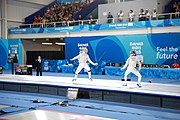 Deutsch: Fechten bei den Olympischen Jugend-Sommerspielen 2018: Tag 1, 7. Oktober 2018, Jungen, Säbel, Finale - Krisztián Rabb (HUN) - Hyun Jun (KOR) (USA) 15:13 English: Fencing at the 2018 Summer Youth Olympics at 7 October 2018 – Boys' sabre Gold medal match – Krisztián Rabb (HUN) Vs Hyun Jun (KOR) (USA) 15:13