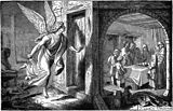 El paso del ángel de la muerte, con los hebreos celebrando Pésaj, la Pascua judía. Grabado, 1897