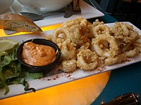 Breaded, deep-fried calamari