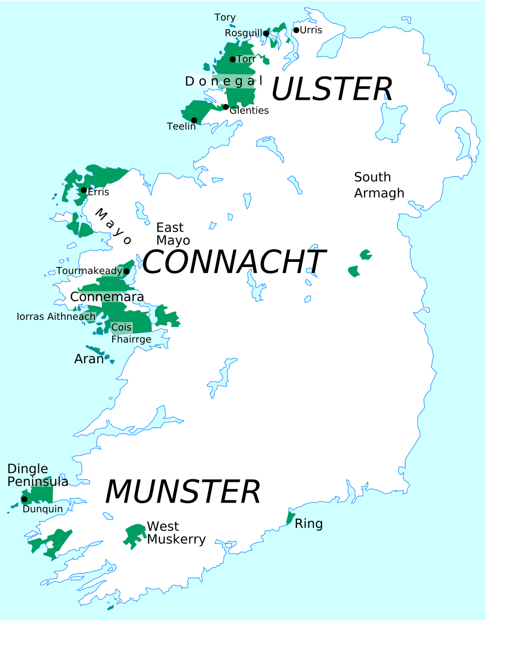 map showing the location of the three main dialects of Irish