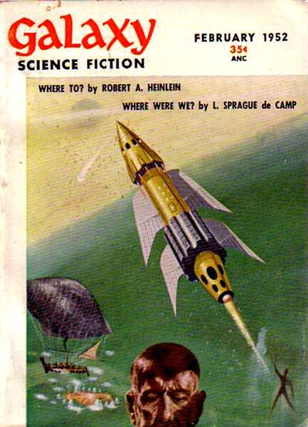 In 1952, Powers provided a Galaxy Science Fiction cover highlighting essays by de Camp and by Robert A. Heinlein