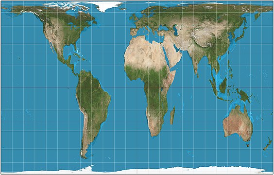 Gall-Peters (1974) : cette projection présente le même aspect que la projection de Mercator (avec laquelle on peut la comparer), mais elle est équivalente, les tailles relatives des continents sont exactes.
