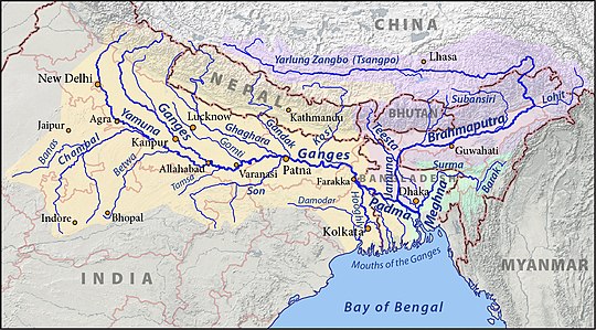 Map of the Ganges (orange), Brahmaputra (violet), and Meghna (green) drainage basins. Ganges-Brahmaputra-Meghna basins.jpg