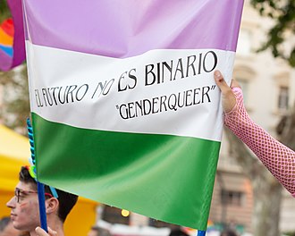 A genderqueer pride flag held aloft with the words "El Futuro No Es Binario - Genderqueer" written across it