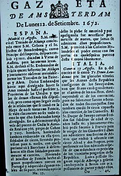 שער המהדורה הישנה ביותר המצויה, 12 בספטמבר 1672: מימין ידיעה על חתימת הברית בין הקיסר לאופולד לאלקטור הגדול; משמאל, חגיגות ברפובליקת גנואה לאחר הניצחון על סבויה.