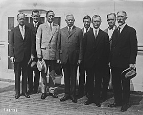 U.S. Navy officers at the conference (from left to right: Arthur J. Hepburn, Laurence H. Frost, Adolphus Andrews, Hilary P. Jones, Harold C. Train, Frank H. Schofield, William W. Smith and Joseph M. Reeves) Geneva Naval Conference.jpg