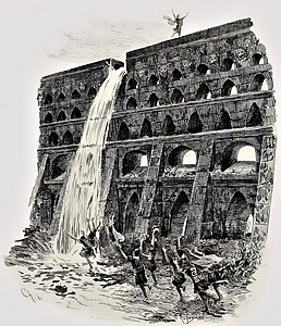 La rupture de l'aqueduc. Gravure de Champollion d'après Rochegrosse, 1900.