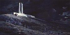 A crowd of dark and ghostly soldiers are scattered on a hill of churned ground, shell holes and general battlefield detritus. A memorial, painted in white, is located at the top of the hill.