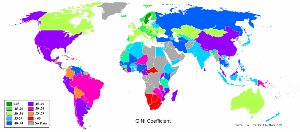 Gini coefficient, income distribution by country.