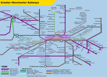 Map showing heavy rail and Metrolink access to the airport Greater Manchester Railways map.svg