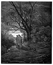 Virgil leads Dante away from the she-wolf in Inferno Canto 1 lines 87-88 as drawn by Gustave Dore, 1861 Gustave Dore - Dante Alighieri - Inferno - Plate 4 (Dante meets Virgil).jpg