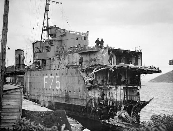 HMS Eskimo showing bow damage, Norway May 1940