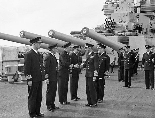 King George VI and Admiral Bruce Fraser aboard HMS Duke of York at Scapa Flow, August 1943