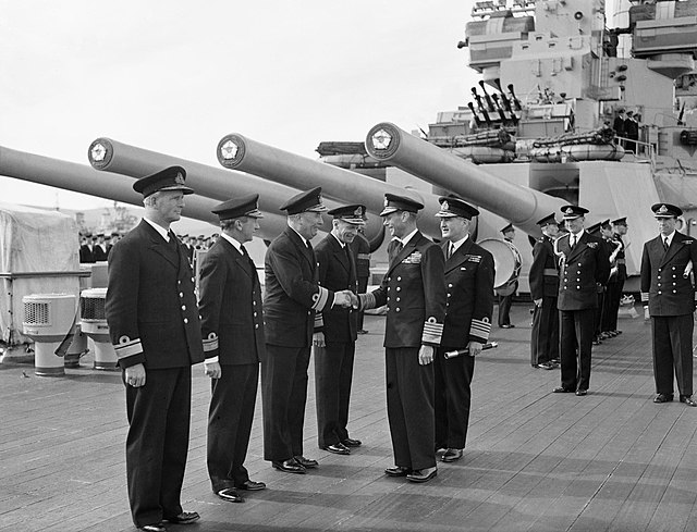 King George VI and Admiral Bruce Fraser aboard HMS Duke of York at Scapa Flow, August 1943