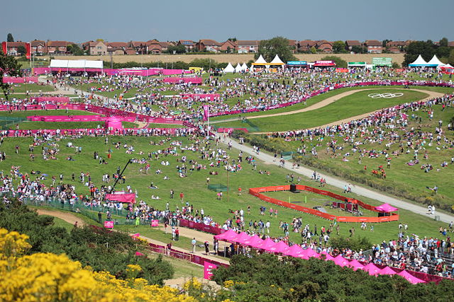 Lower parts of the Hadleigh Farm venue during the Olympics, on the day of the women's cross-country cycling.