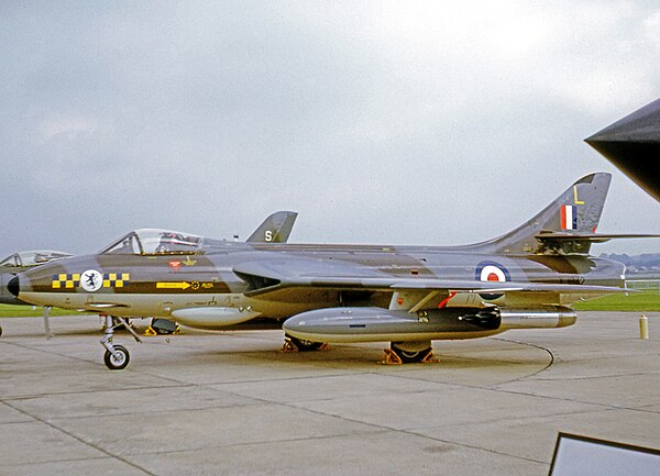 Hawker Hunter FGA.9 ground attack aircraft of 54 Squadron in 1968 wearing the unit's blue rampant lion marking on its nose