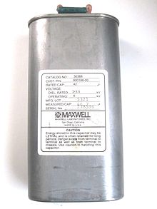 This 525 joule capacitor is one of a pair adapted for use in a ruby laser, and carries a warning of its deadly storage capacity. A resistor is connected between the terminals to prevent the capacitor retaining a dangerous charge when not in operation. High-energy capacitor from a defibrillator 42 MFD @ 5000 VDC.jpg