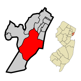 ニュージャージー州（右図）中、ハドソン郡ジャージーシティ位置の位置図