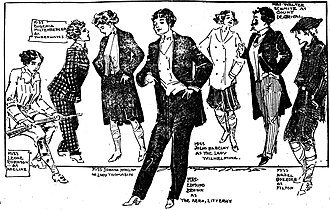 In this sketch by Marguerite Martyn, the College Club of St. Louis was in rehearsal for "The Amazons," a play by Arthur Wing Pinero, in which all the parts were played by women, April 1910. In sketch by Marguerite Martyn, College Club of St. Louis, Missouri, rehearses play with all parts done by women.jpg
