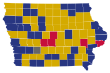 Election results by county.
Ted Cruz
Donald Trump
Marco Rubio
Tie between Cruz and Trump Iowa Republican Presidential Caucuses Election Results by County, 2016.svg