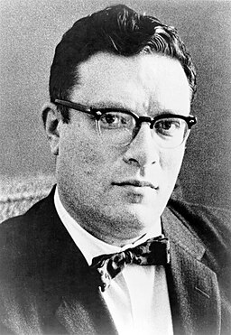 Dr. Isaac Asimov, head-and-shoulders portrait, facing slightly right. Published in 1965, this photo also appears on the jacket of the Doubleday first edition of Nine Tomorrows so date of creation can be no later than 1959.