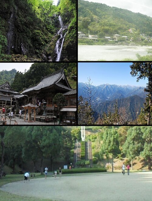 Clockwise from upper left: Amagoi Fall, Akui River, view of Mount Tsurugi from Shōsan Temple, square in Kamiyama Forest Park, Shōsan Temple