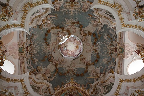 Rococo palmettes (four, between to the festoons) on the ceiling of St. Anne's Chapel, Buxheim Charterhouse, Buxheim, Germany, by Dominikus Zimmermann, 18th century