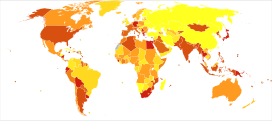 Deaths from Kidney diseases in 2012 per million persons. Statistics from WHO, grouped by deciles   16-61   62-79   80-88   89-95   96-110   111-120   121-135   136-160   161-186   187-343 * The following groupings/assumptions were made: ** France includes the overseas departments as well as overseas collectivities. ** The United Kingdom includes the Crown dependencies as well as the overseas territories. ** The United States of America includes the insular areas. ** The Netherlands includes Aruba and the Netherlands Antilles. ** Denmark includes Greenland and the Faroe islands.