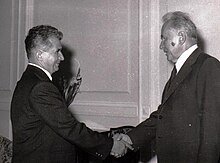 Alexei Kosygin (right) shaking hands with Romanian communist leader Nicolae Ceausescu on 22 August 1974. Ceausescu was one of the communist leaders who opposed the 1968 Brezhnev Doctrine. Kosygin and Ceausescu.jpg
