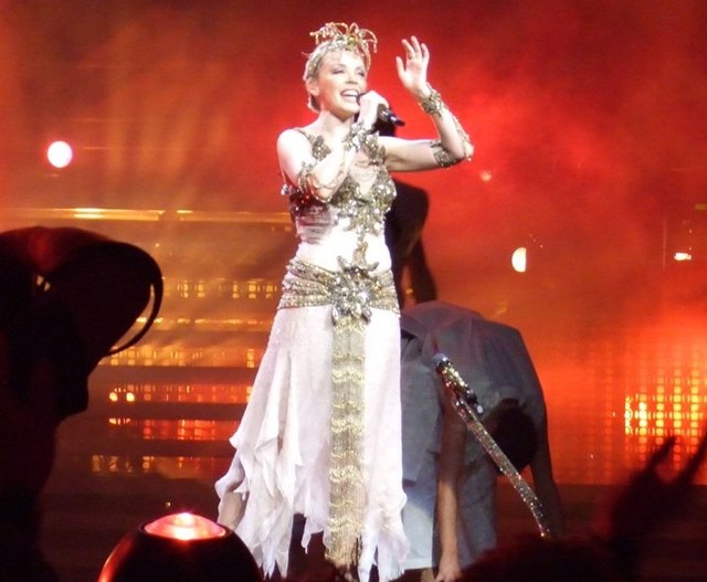 Minogue performing "Confide in Me" during the Showgirl: The Homecoming Tour