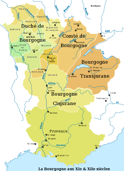 Le duché (en vert) et le comté de Bourgogne (en marron) dans la Bourgogne du XIe siècle.