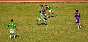 Lalkamal Bhowmick of Chirag United, making an early inroad against HAL SC during the 2010-11 I-League. Lalkamal raiding HAL defense.jpg