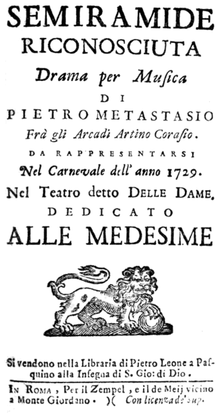 Leonardo Vinci - Semiramide reconosciuta - titlepage of the libretto - Rome 1729.png
