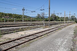 Vue des voies au sud de la gare, et, au premier plan, la voie en direction de Rives de la ligne de Saint-Rambert-d'Albon à Rives.