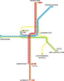 Darmstadt Tram map, with (HBF) Darmstadt Hauptbahnhof Liniennetzplan Tram Darmstadt 2010.png