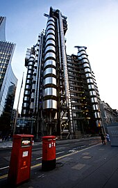 The Lloyd's Building in London, which was completed in 1986. Lloyd's building from Leadenhall Street.jpg