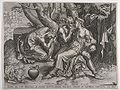 Cornelis Cort (1522-1578), Lot and his daughters. Behind them, Sodom is burning.