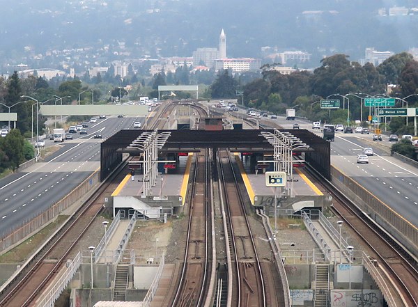 MacArthur station viewed from the I-580/SR 24 interchange in 2019