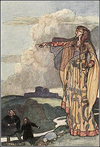 Macha maudit les hommes d'Ulster, illustration par Stephen Reid, The Boys' Cuchulainn, Eleanor Hul, 1904.