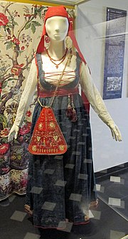 A traditional women's Genoese dress in "blue jeans" (1890s). Palazzo Spinola di Pellicceria, Genoa, Italy. Manifattura genovese, abito da festa in tela di genova (jeans), 1850-1900 ca..JPG