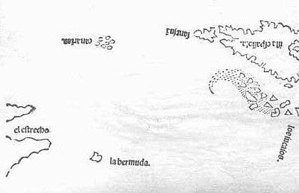 First map of the islands of Bermuda in 1511, made by Peter Martyr d'Anghiera in his book Legatio Babylonica Map of Bermuda 1511 legatio babylonica.jpg