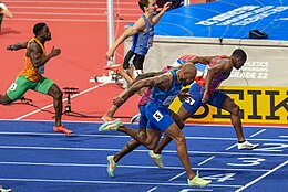 The triumph of Marcell Jacobs in the 60 m final at the 2022 World Athletics Indoor Championships held in Belgrade, Serbia. Marcell Jacobs (Belgrade 2022) 2.jpg